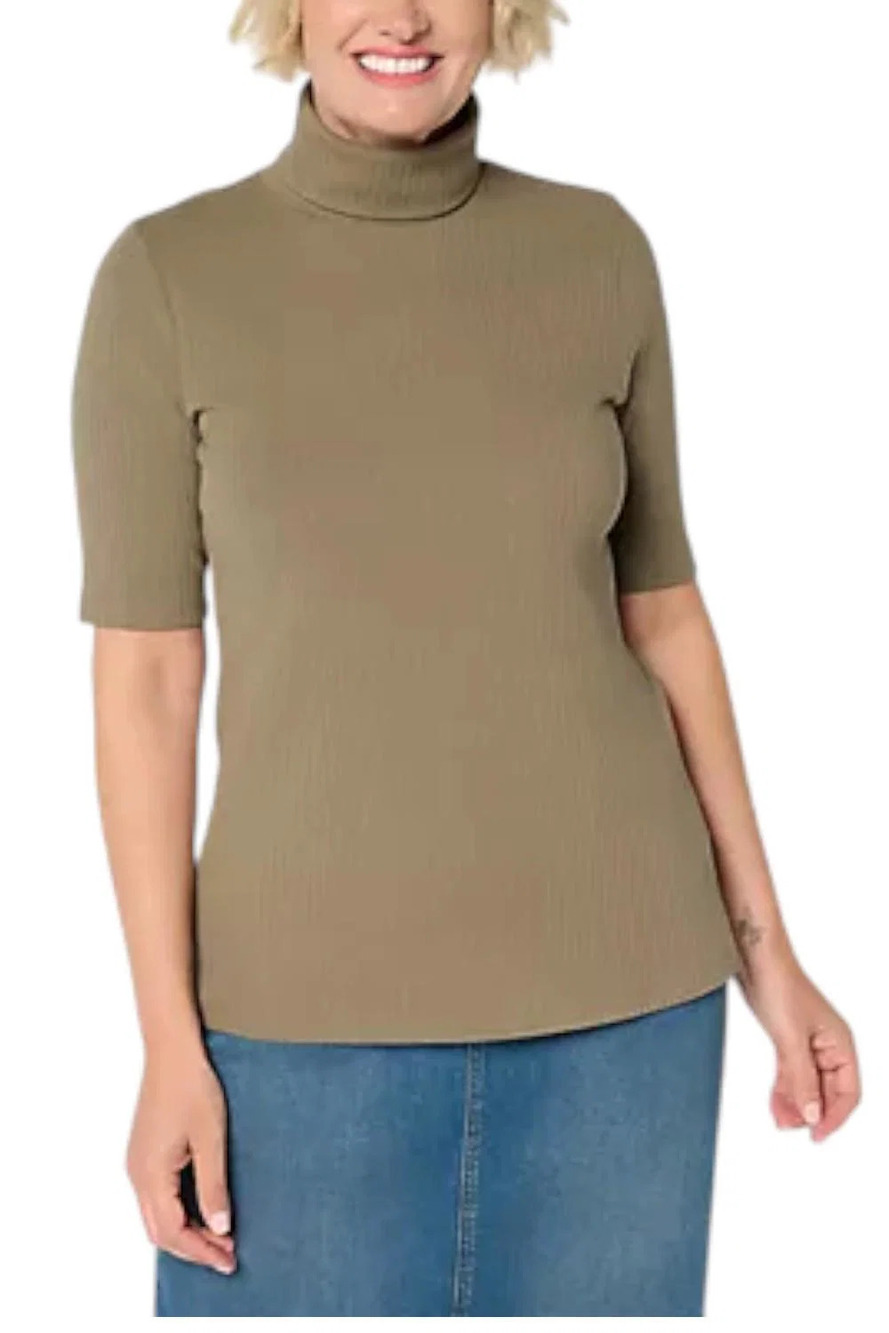 Denim & Co. Women's Ribbed Elbow Sleeve Turtleneck Top Taupe - Regular